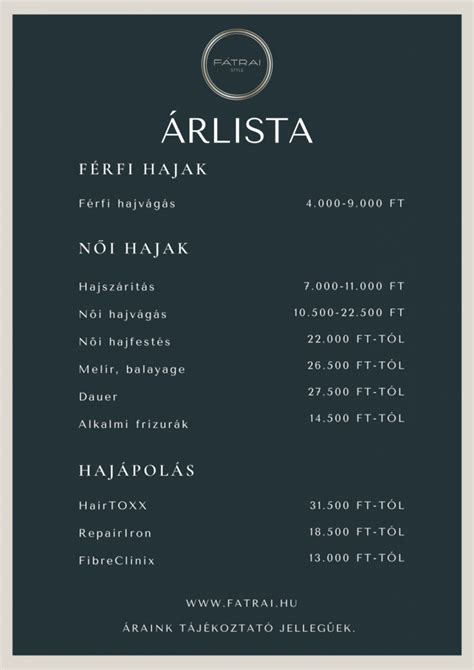 Árak és szolgáltatások összegző táblázata