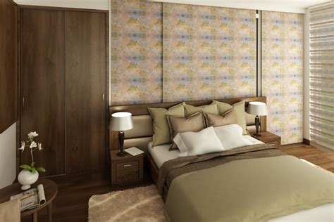 Hangulatos hálószoba virágmintás tapétával és tárolóhelyekkel