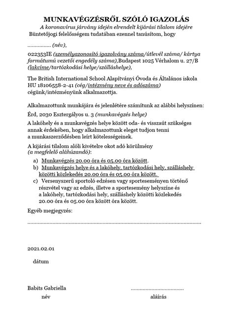 munkavállalói igazolás minta