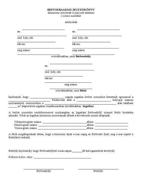 Birtokbaadási jegyzőkönyv sablon