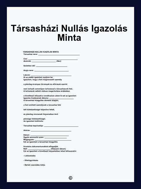társasházi közös költség nullás igazolás mintája