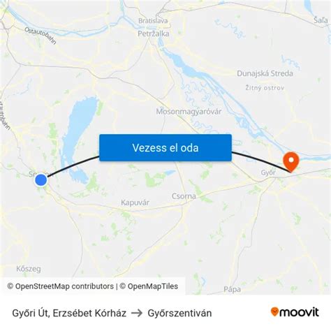 Térkép a győri kórház 'C' épületének megközelíthetőségéről tömegközlekedéssel