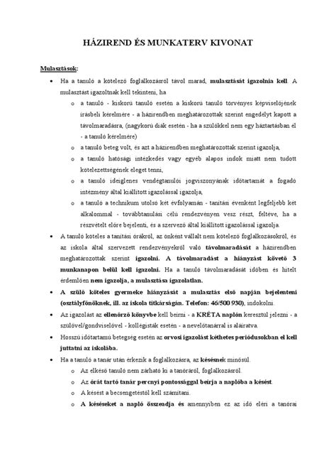 Házirend főbb pontok és figyelmeztetések