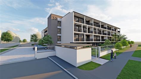 Modern lakópark látképe zöldtetővel