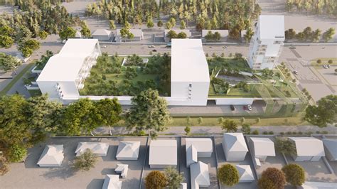 Látványterv egy modern lakópark belső udvaráról