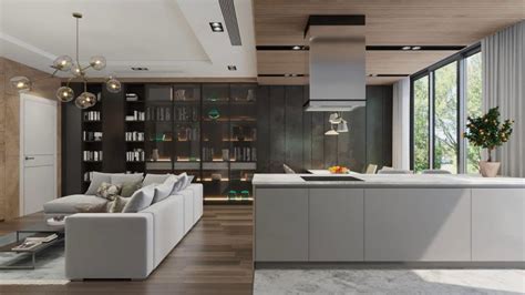 Amerikai konyhás nappali modern konyhabútorral és nappali bútorokkal