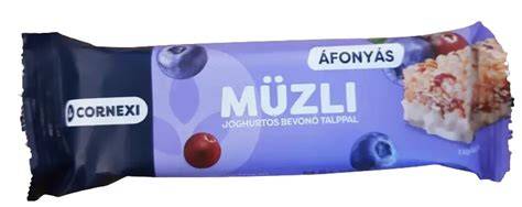 Áfonyás müzliszelet joghurtos bevonó talppal - csomagolás és összetevők vizuális ábrája
