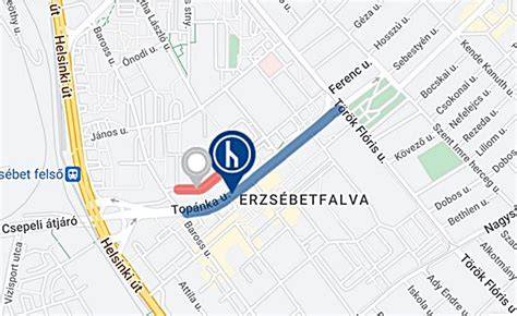 Pesterzsébet központ térképes áttekintése, kiemelve a Baross utca, Hársfa sétány és Topánka utca 4. emeletes pontjait
