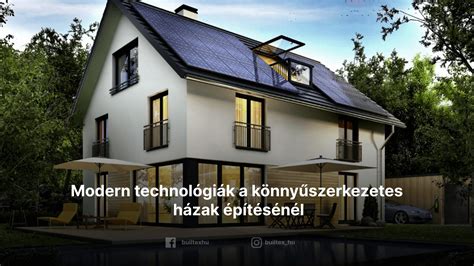 Képen egy modern könnyűszerkezetes ház látható, orientáló ábra az építési rendszerhez
