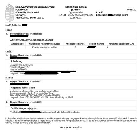 Az E-ING rendszer felülete a tulajdoni lap lekéréséhez