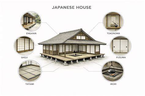 Infografika: Japán ház alaprajzának fő elemei (genkan, tatami, fusuma, shouji, o-furo, konyha központi helye)