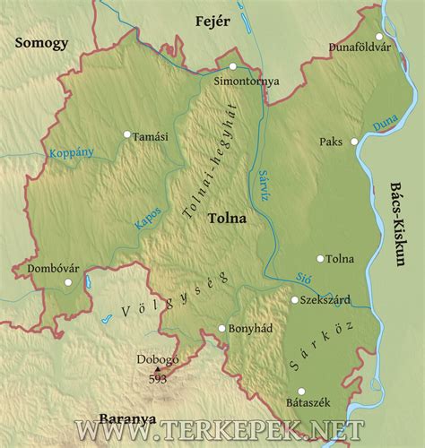 Tolna megye domborzata és vízhálózata térképi vázlat