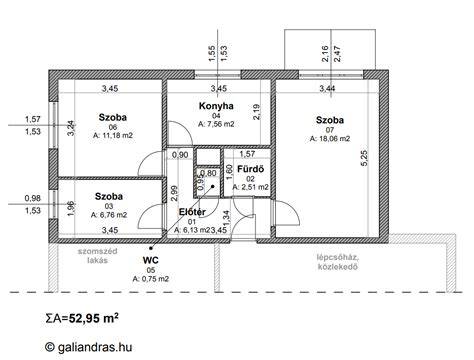 Vizualis ábra: alaprajz vázlat a 46 m2 panellakásnál, falak mozgásának lehetőségei