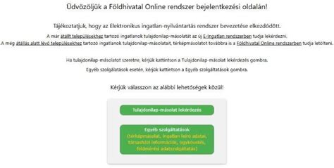 Felhasználói felület a Földhivatal Online rendszerében