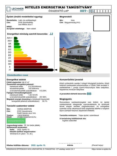 Energetikai tanúsítvány adatlap minta